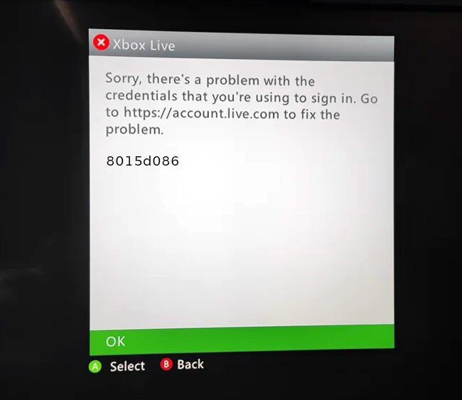 Xbox 360 Error Code 8015d086